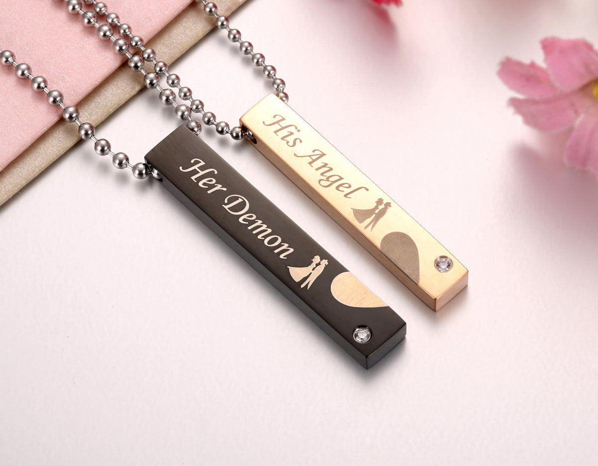 His & Hers Matching Necklace Set - Crazy/Weirdo Heart Bar Pendant Stainless Steel