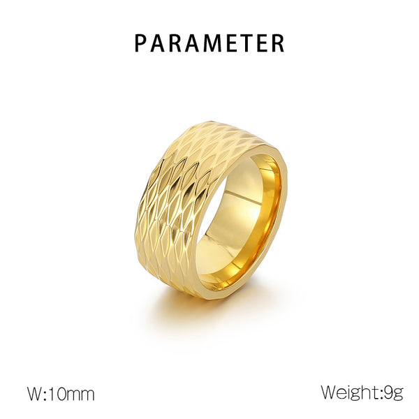 Men's Titanium Stainless Steel Ring – Wide Gold-Plated Band with Textured Diamond Pattern – Durable Fashion Ring for Men-Men's Ring-SunnyHouse Jewelry