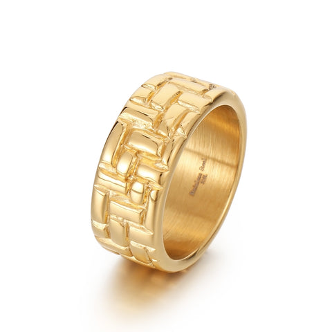Men’s Titanium Stainless Steel Ring – Gold-Plated Embossed Pattern Band – Durable and Stylish Fashion Ring for Men-Men's Ring-SunnyHouse Jewelry