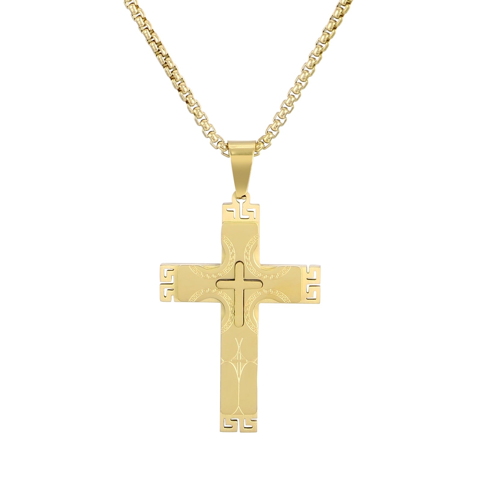Men’s Titanium Stainless Steel Cross Pendant Necklace – Gold-Plated with Greek Key Engravings – Durable Christian Jewelry for Men-Men's Pendant Necklace-SunnyHouse Jewelry