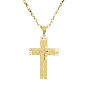 Men’s Titanium Stainless Steel Cross Pendant Necklace – Gold-Plated with Greek Key Engravings – Durable Christian Jewelry for Men-Men's Pendant Necklace-SunnyHouse Jewelry