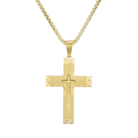 Men’s Titanium Stainless Steel Cross Pendant Necklace – Gold-Plated with Greek Key Engravings – Durable Christian Jewelry for Men-Men's Pendant Necklace-SunnyHouse Jewelry