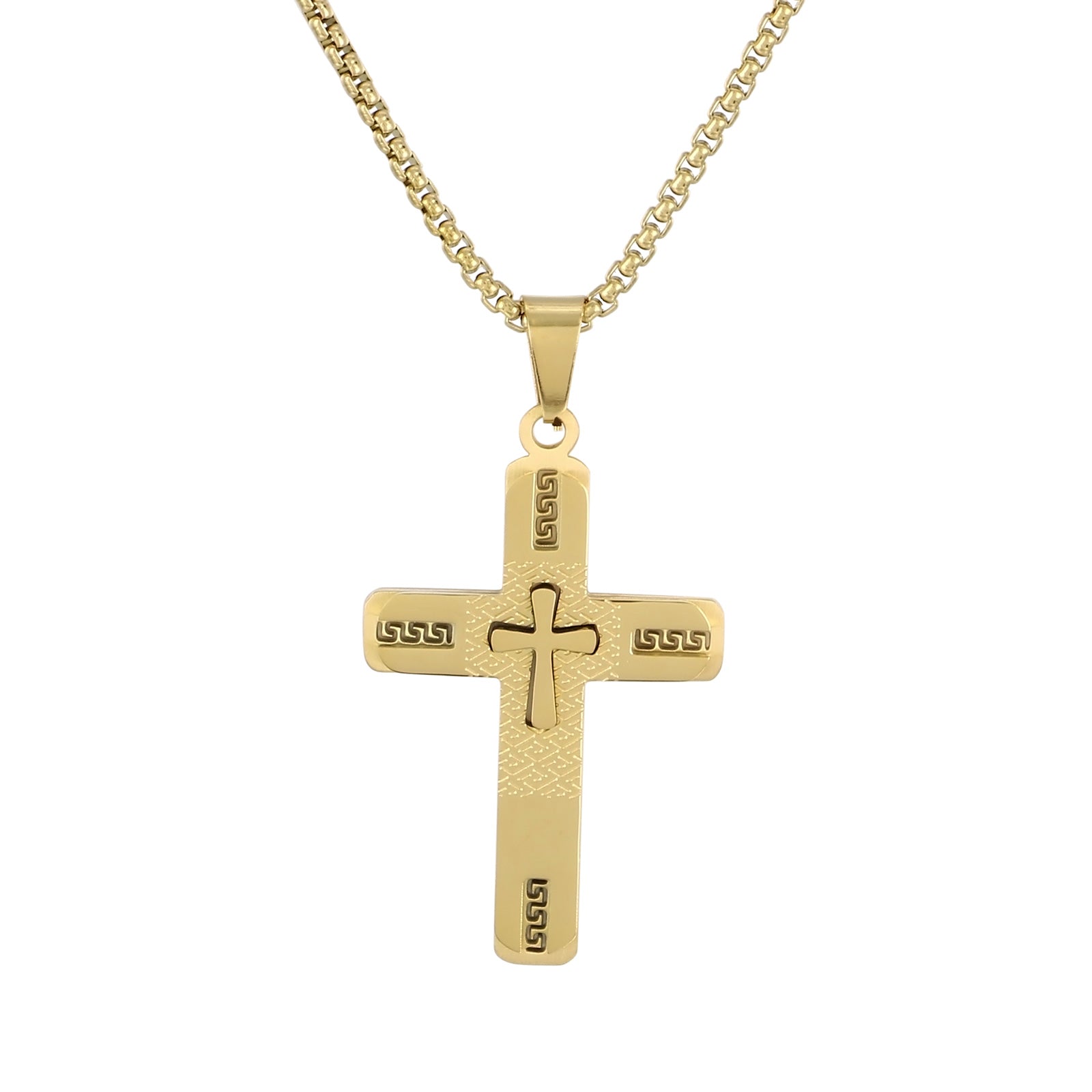 Men’s Titanium Stainless Steel Cross Pendant Necklace – Gold-Plated Religious Necklace with Greek Key Design – Durable Christian Jewelry for Men-Men's Pendant Necklace-SunnyHouse Jewelry
