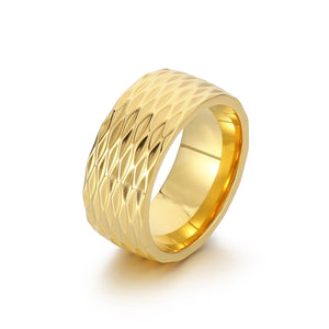 Men's Titanium Stainless Steel Ring – Wide Gold-Plated Band with Textured Diamond Pattern – Durable Fashion Ring for Men-Men's Ring-SunnyHouse Jewelry