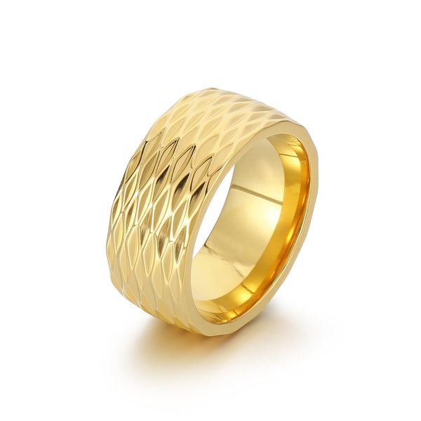 Men's Titanium Stainless Steel Ring – Wide Gold-Plated Band with Textured Diamond Pattern – Durable Fashion Ring for Men-Men's Ring-SunnyHouse Jewelry