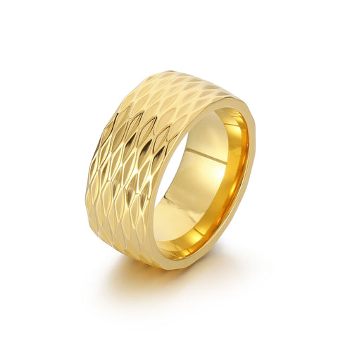 Men's Titanium Stainless Steel Ring – Wide Gold-Plated Band with Textured Diamond Pattern – Durable Fashion Ring for Men-Men's Ring-SunnyHouse Jewelry