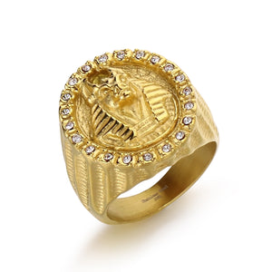 Men's Pharaoh Head Ring - Titanium Stainless Steel Egyptian Style Jewelry with Crystal Accents-Men's Ring-SunnyHouse Jewelry