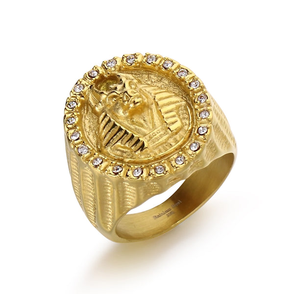 Men's Pharaoh Head Ring - Titanium Stainless Steel Egyptian Style Jewelry with Crystal Accents-Men's Ring-SunnyHouse Jewelry