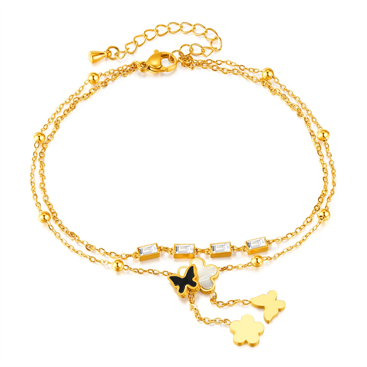 Gold Anklet with Crystal Square Charms and Floral Accents - Elegant Accessory for Any Occasion-Women's Anklet-SunnyHouse Jewelry