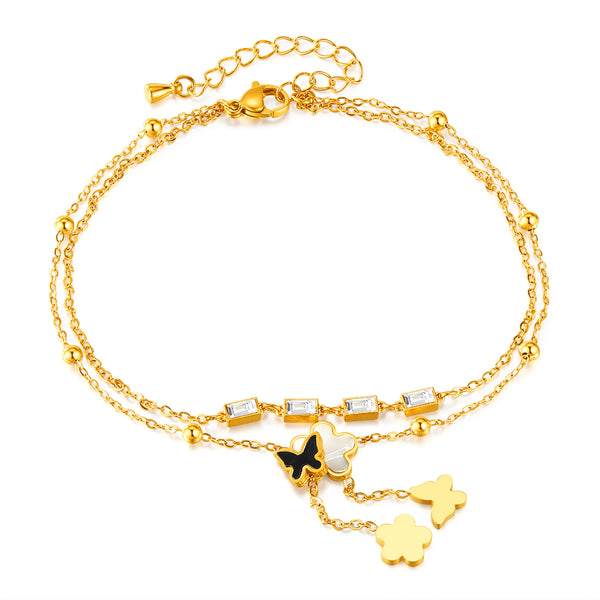 Gold Anklet with Crystal Square Charms and Floral Accents - Elegant Accessory for Any Occasion-Women's Anklet-SunnyHouse Jewelry