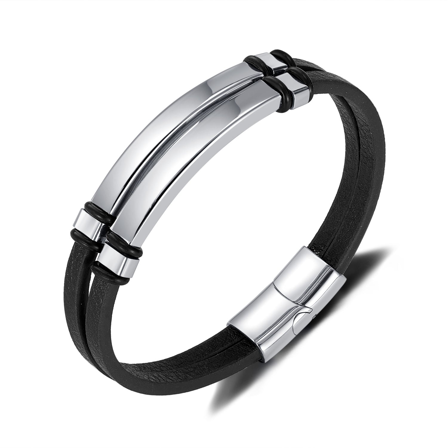 Men's Sleek Leather Bracelet with Polished Stainless Steel Bar - Minimalist and Stylish Accessory-Men's Bracelet-SunnyHouse Jewelry