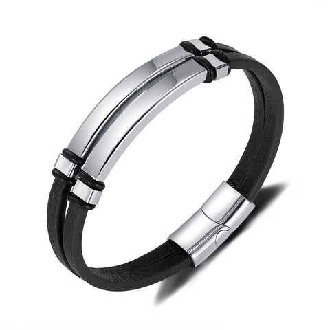 Men's Sleek Leather Bracelet with Polished Stainless Steel Bar - Minimalist and Stylish Accessory-Men's Bracelet-SunnyHouse Jewelry
