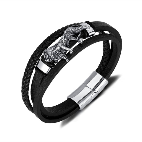 Bold Men's Leather and Stainless Steel Lion Head Bracelet - Stylish and Masculine Accessory-Men's Bracelet-SunnyHouse Jewelry
