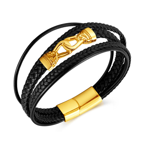 Luxury Men's Black Braided Leather Bracelet with 24K Gold Plated Clasp – Elegant, Secure Fit-Men's Bracelet-SunnyHouse Jewelry