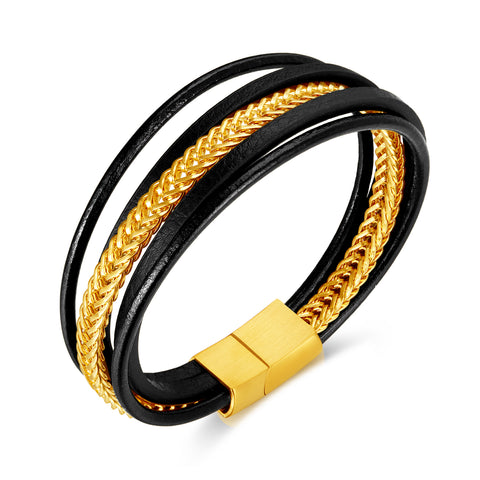 Elegant Men's Leather and Gold Plated Braided Bracelet – Modern, Versatile Design with Secure Clasp-Men's Bracelet-SunnyHouse Jewelry