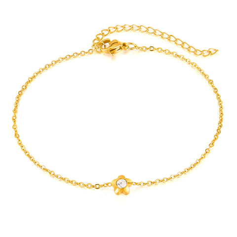 Women’s Gold Titanium Stainless Steel Anklet with Flower Charm and Cubic Zirconia – Dainty Adjustable Chain Ankle Bracelet for Women and Girls-Women's Anklet-SunnyHouse Jewelry