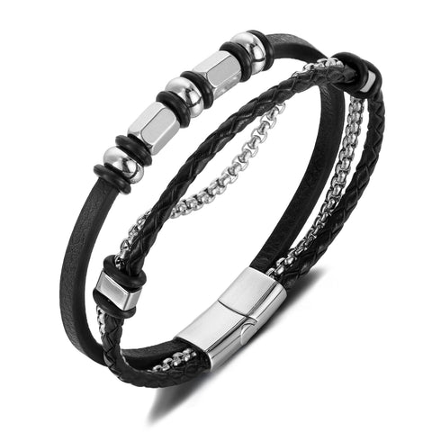 Men’s Titanium Stainless Steel Leather Bracelet – Multi-Strand Black Braided Leather and Chain with Silver Beads – Stylish Magnetic Clasp Wristband for Men-Men's Bracelet-SunnyHouse Jewelry