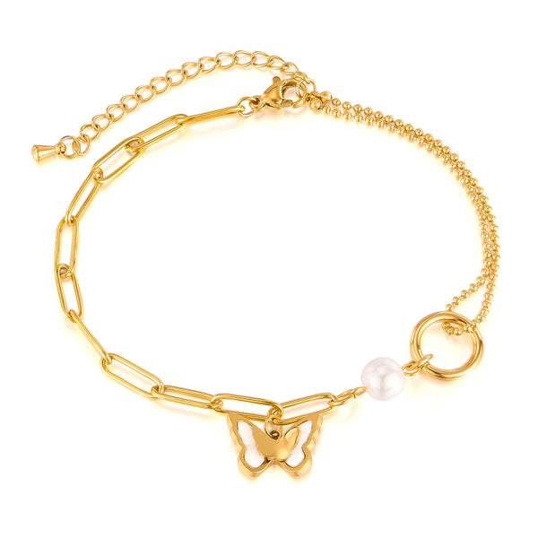 Women's Titanium Stainless Steel Anklet with Butterfly Charm and Pearl Bead, Gold Plated Adjustable Chain Link Foot Bracelet-Women's Anklet-SunnyHouse Jewelry