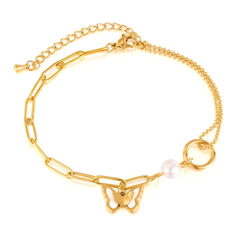 Women's Titanium Stainless Steel Anklet with Butterfly Charm and Pearl Bead, Gold Plated Adjustable Chain Link Foot Bracelet-Women's Anklet-SunnyHouse Jewelry