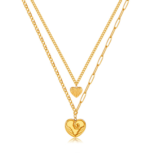 Women’s Fashion Layered Pendant Necklace – Gold-Tone Double Chain with Heart Charms, Fashion Jewelry for Women and Girls-Women's Necklace-SunnyHouse Jewelry