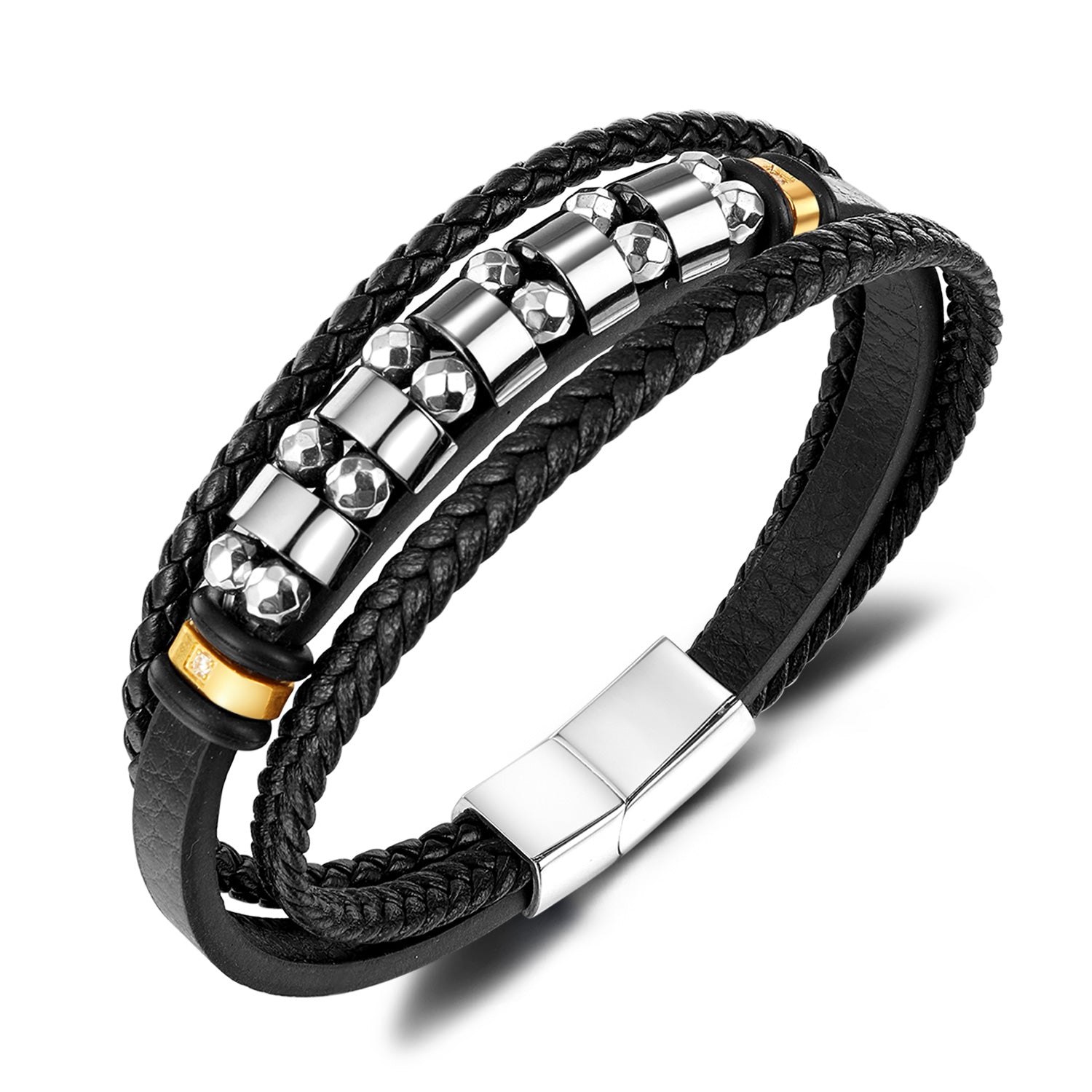 Men's Stylish Leather and Stainless Steel Beaded Bracelet – Secure Magnetic Clasp, Ideal for Daily Wear-Men's Bracelet-SunnyHouse Jewelry