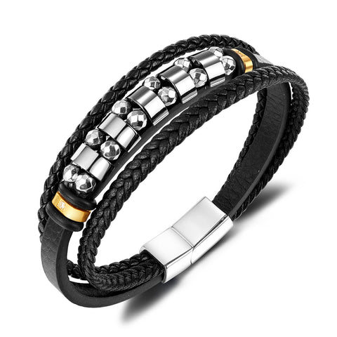 Men's Stylish Leather and Stainless Steel Beaded Bracelet – Secure Magnetic Clasp, Ideal for Daily Wear-Men's Bracelet-SunnyHouse Jewelry