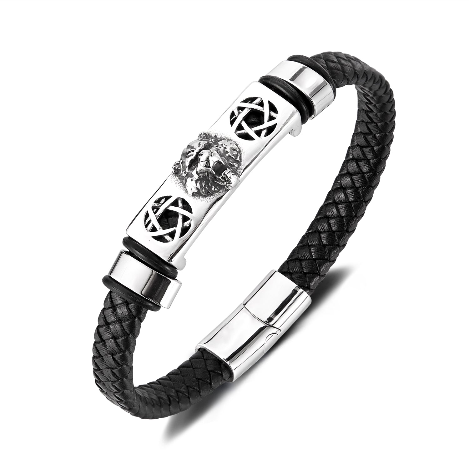 Men’s Lion Head Bracelet – Titanium Stainless Steel & Black Braided Leather Bracelet – Bold Viking-Inspired Jewelry for Men-Men's Bracelet-SunnyHouse Jewelry