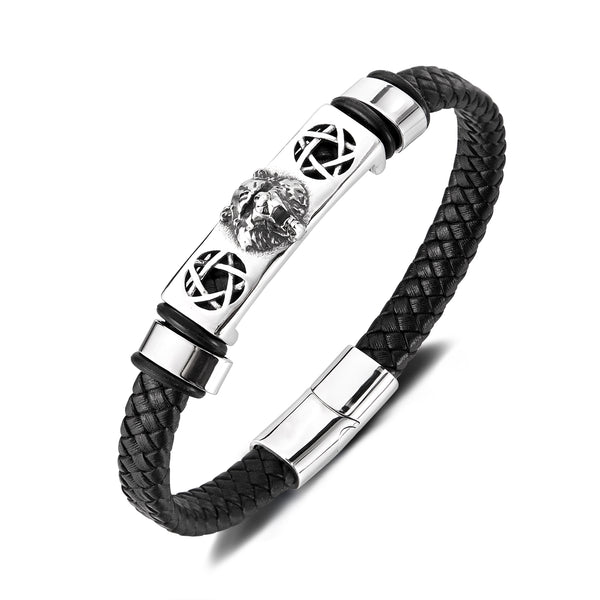 Men’s Lion Head Bracelet – Titanium Stainless Steel & Black Braided Leather Bracelet – Bold Viking-Inspired Jewelry for Men-Men's Bracelet-SunnyHouse Jewelry