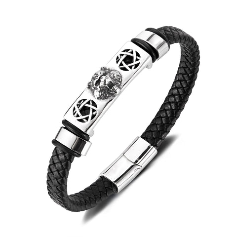Men’s Lion Head Bracelet – Titanium Stainless Steel & Black Braided Leather Bracelet – Bold Viking-Inspired Jewelry for Men-Men's Bracelet-SunnyHouse Jewelry