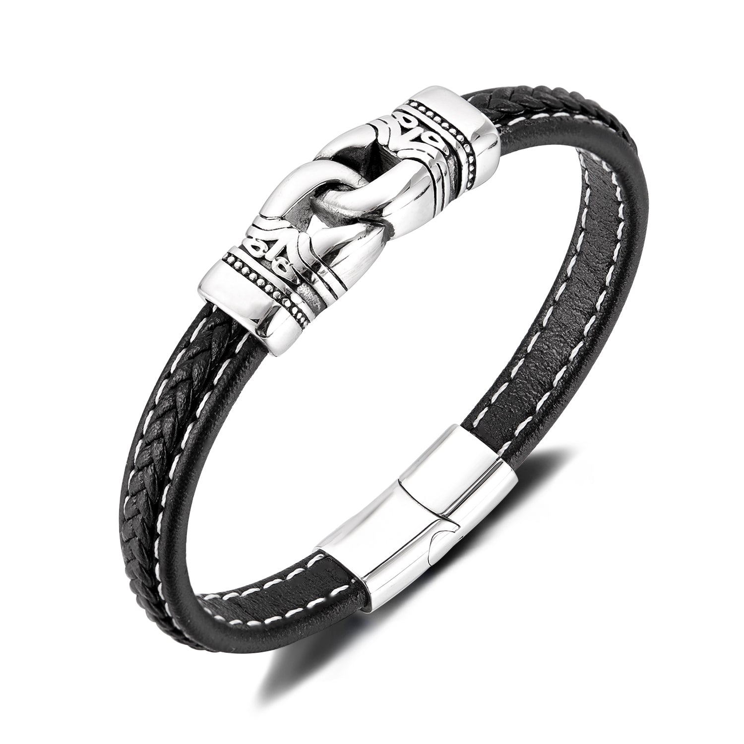 Men’s Leather Bracelet with Titanium Stainless Steel Link Accent – Braided Black Leather with Engraved Centerpiece & Magnetic Clasp – Stylish Viking-Inspired Jewelry for Men-Men's Bracelet-SunnyHouse Jewelry