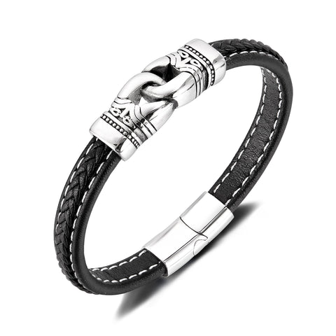 Men’s Leather Bracelet with Titanium Stainless Steel Link Accent – Braided Black Leather with Engraved Centerpiece & Magnetic Clasp – Stylish Viking-Inspired Jewelry for Men-Men's Bracelet-SunnyHouse Jewelry