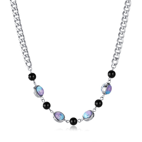 Elegant Women's Stainless Steel Necklace with Iridescent Gemstones and Black Pearls – Contemporary Jewelry Design-Women's Necklace-SunnyHouse Jewelry