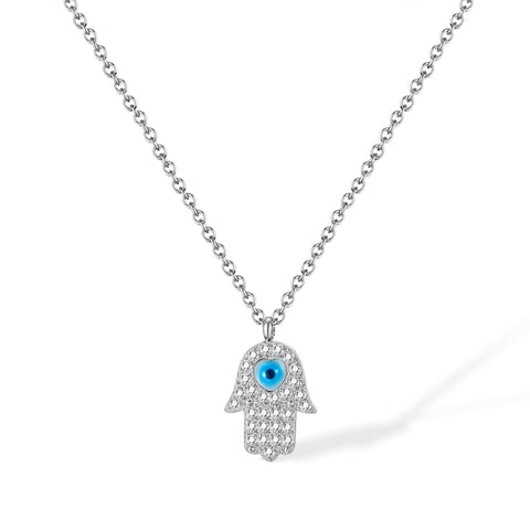 Women’s Evil Eye Hamsa Hand Pendant Necklace – Sterling Silver Plated Chain with Blue Eye Charm – Protective Jewelry Gift for Women-Women's Necklace-SunnyHouse Jewelry