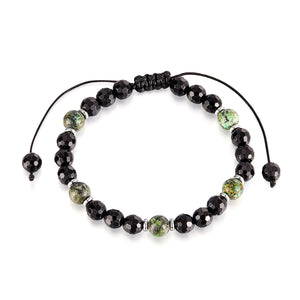 Men’s Beaded Bracelet – Adjustable Black Faceted Beads with Green Natural Stone Accents – Handmade Braided Cord, Stylish and Comfortable Jewelry for Men-Men's Bracelet-SunnyHouse Jewelry