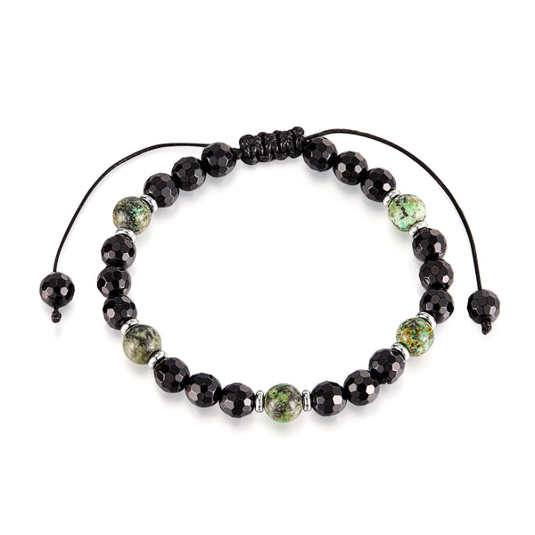 Men’s Beaded Bracelet – Adjustable Black Faceted Beads with Green Natural Stone Accents – Handmade Braided Cord, Stylish and Comfortable Jewelry for Men-Men's Bracelet-SunnyHouse Jewelry