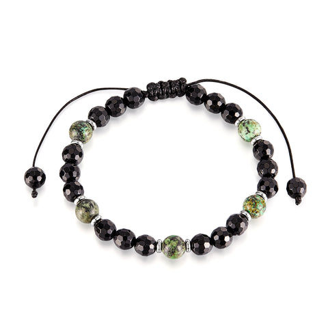 Men’s Beaded Bracelet – Adjustable Black Faceted Beads with Green Natural Stone Accents – Handmade Braided Cord, Stylish and Comfortable Jewelry for Men-Men's Bracelet-SunnyHouse Jewelry