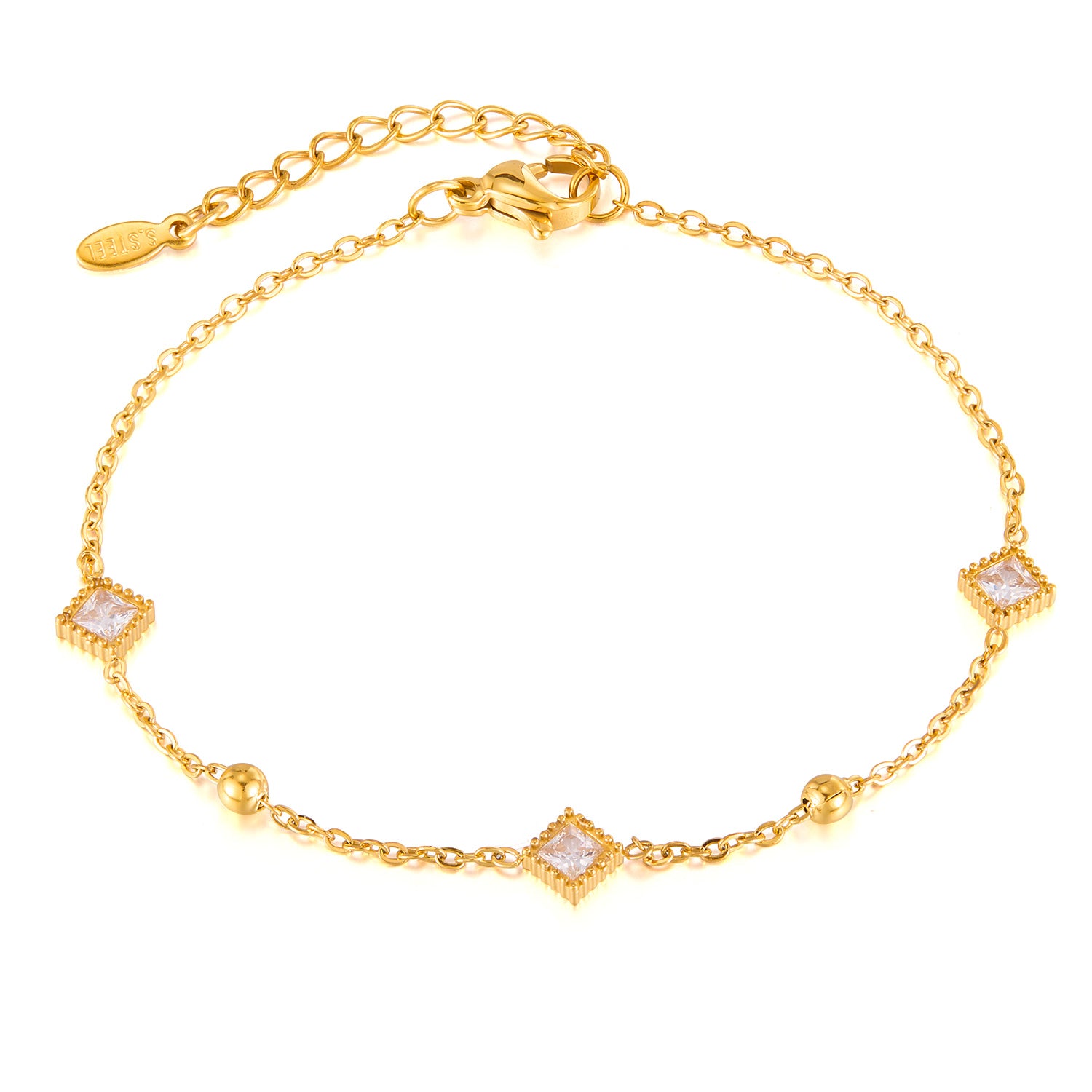 18K Gold‑Plated Titanium Stainless Steel Princess‑Cut CZ Station Bracelet for Women – Adjustable Dainty Hypoallergenic & Tarnish‑Resistant Jewelry Gift-Women's Bangle-SunnyHouse Jewelry