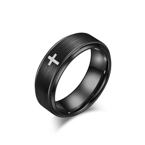 Sleek Black Titanium Stainless Steel Men's Ring with Cross Symbol - Modern Design, Comfort Fit, Hypoallergenic, Durable, 8mm-Men's Ring-SunnyHouse Jewelry