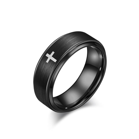 Sleek Black Titanium Stainless Steel Men's Ring with Cross Symbol - Modern Design, Comfort Fit, Hypoallergenic, Durable, 8mm-Men's Ring-SunnyHouse Jewelry