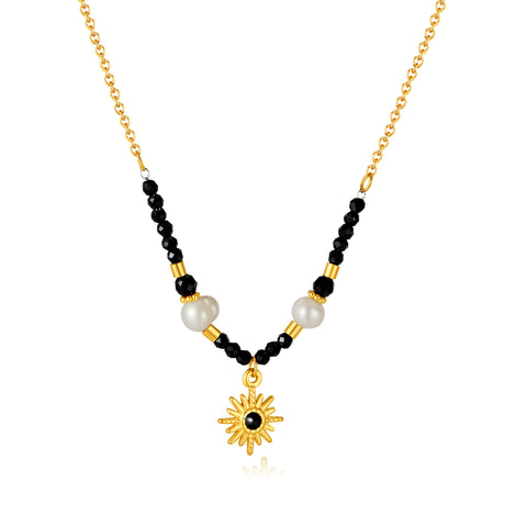 Elegant Women's Black Bead and Pearl Pendant Necklace with Gold Sunburst Charm – Versatile, Fashionable Accessory-Women's Necklace-SunnyHouse Jewelry