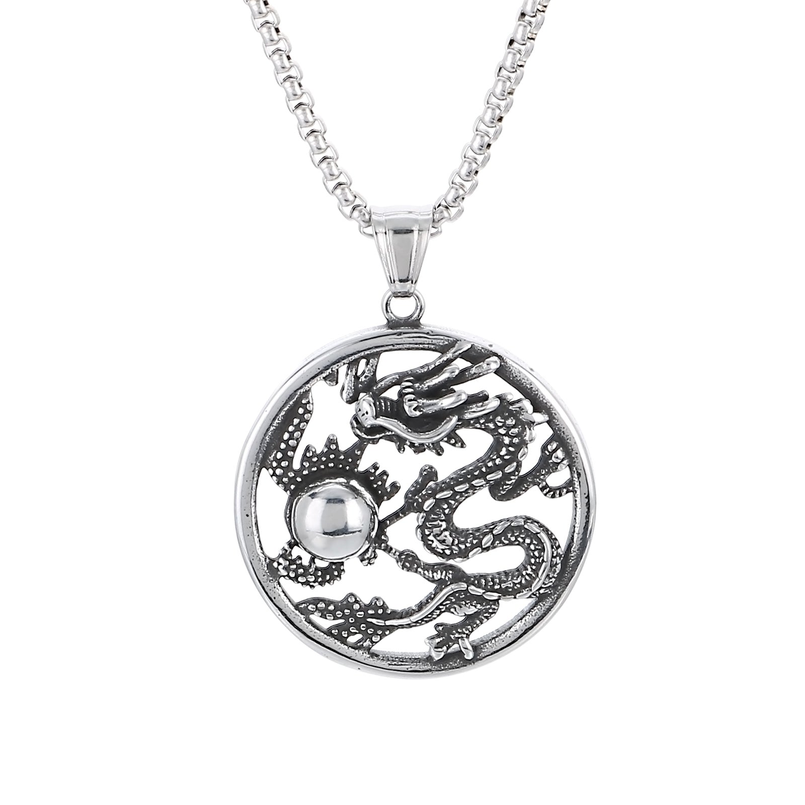 Men’s Titanium Stainless Steel Dragon Pendant Necklace – Intricate Circular Dragon Design – Durable and Stylish Necklace for Men-Men's Pendant Necklace-SunnyHouse Jewelry