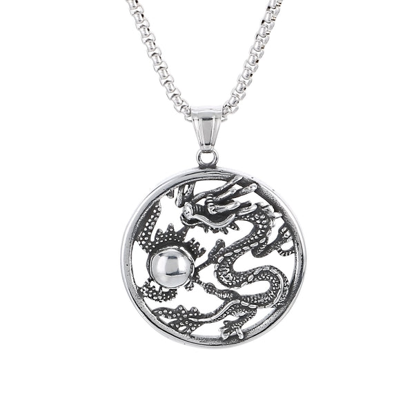 Men’s Titanium Stainless Steel Dragon Pendant Necklace – Intricate Circular Dragon Design – Durable and Stylish Necklace for Men-Men's Pendant Necklace-SunnyHouse Jewelry