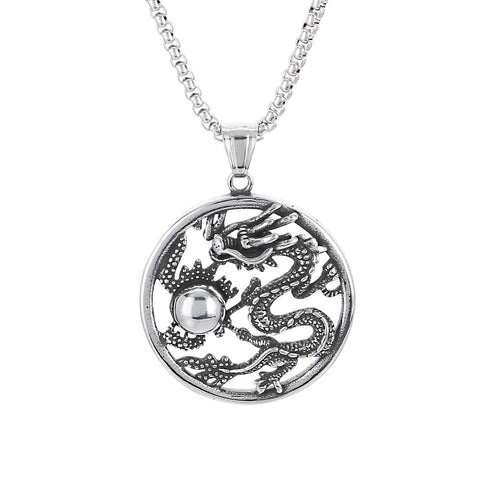 Men’s Titanium Stainless Steel Dragon Pendant Necklace – Intricate Circular Dragon Design – Durable and Stylish Necklace for Men-Men's Pendant Necklace-SunnyHouse Jewelry