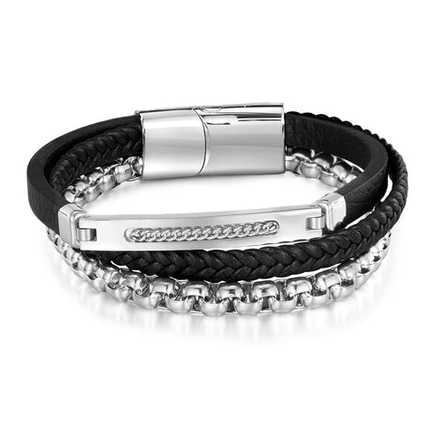 Men’s Titanium Stainless Steel Leather Bracelet – Multi-Layer Braided Rope & Chain Wristband – Stylish Durable Magnetic Clasp Jewelry for Men-Men's Bracelet-SunnyHouse Jewelry