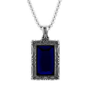 Men’s Titanium Stainless Steel Blue Stone Pendant Necklace – Vintage-Style Rectangular Pendant with Intricate Detailing – Durable Fashion Necklace for Men-Men's Pendant Necklace-SunnyHouse Jewelry