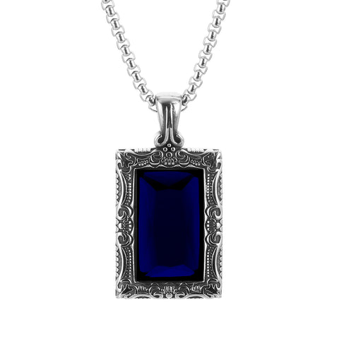 Men’s Titanium Stainless Steel Blue Stone Pendant Necklace – Vintage-Style Rectangular Pendant with Intricate Detailing – Durable Fashion Necklace for Men-Men's Pendant Necklace-SunnyHouse Jewelry