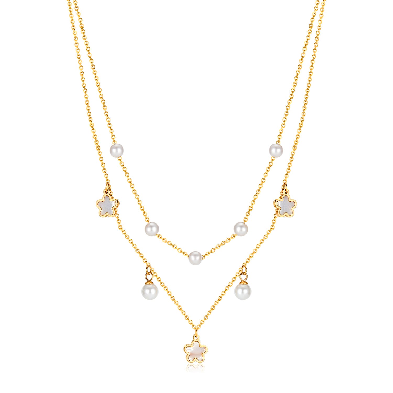 Women’s Simple Fashion Pendant Necklace – Layered Gold Chain with Pearl & Clover Charms, Dainty Fashion Jewelry for Everyday Wear and Special Occasions-Women's Necklace-SunnyHouse Jewelry