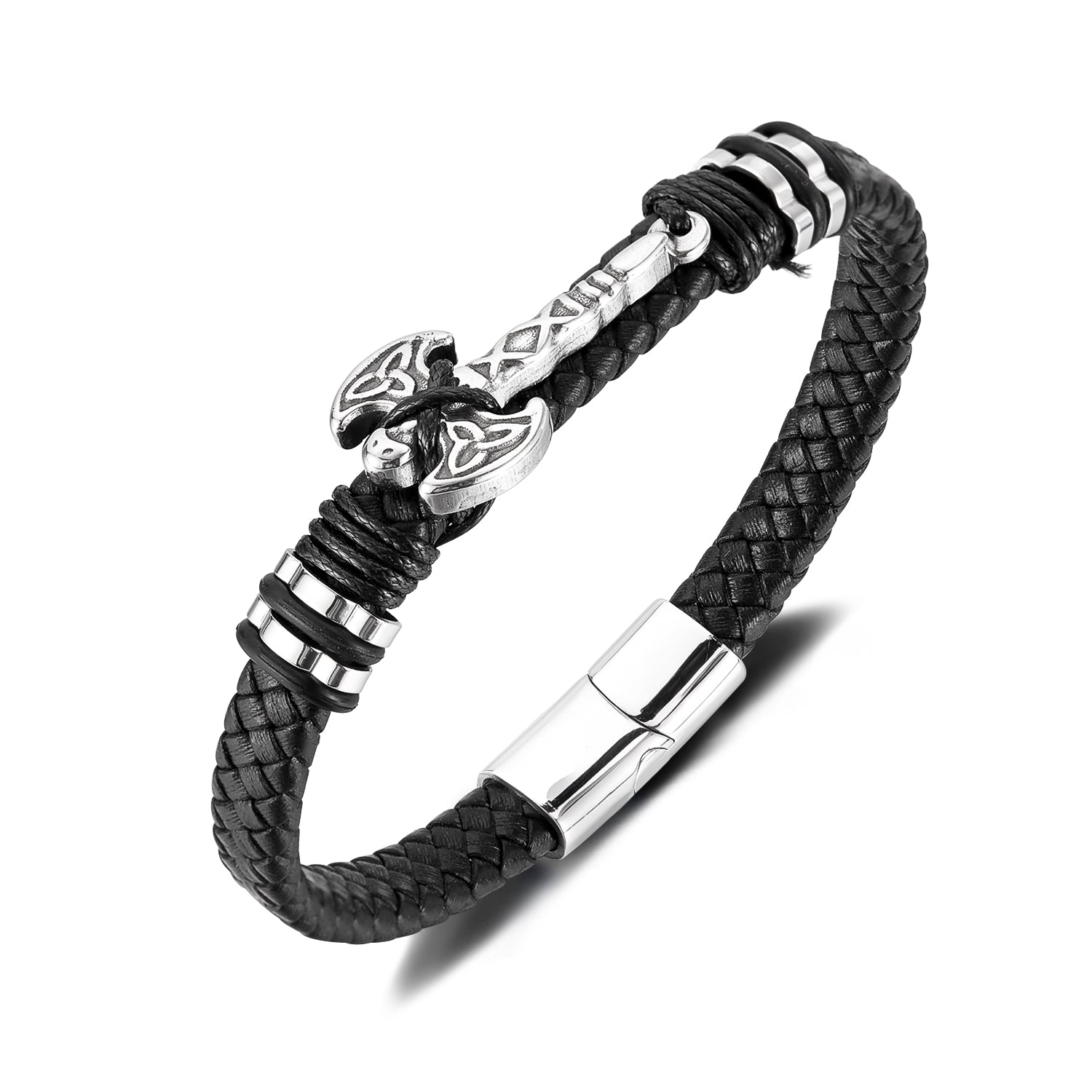 Men’s Viking Leather Bracelet with Stainless Steel Axe Charm – Braided Black Leather Norse Bracelet, Magnetic Clasp, Nordic Warrior Jewelry for Men-Men's Bracelet-SunnyHouse Jewelry