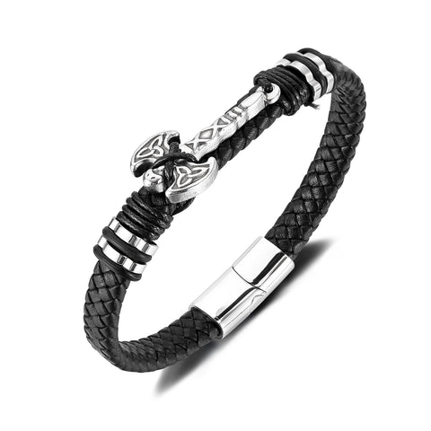 Men’s Viking Leather Bracelet with Stainless Steel Axe Charm – Braided Black Leather Norse Bracelet, Magnetic Clasp, Nordic Warrior Jewelry for Men-Men's Bracelet-SunnyHouse Jewelry