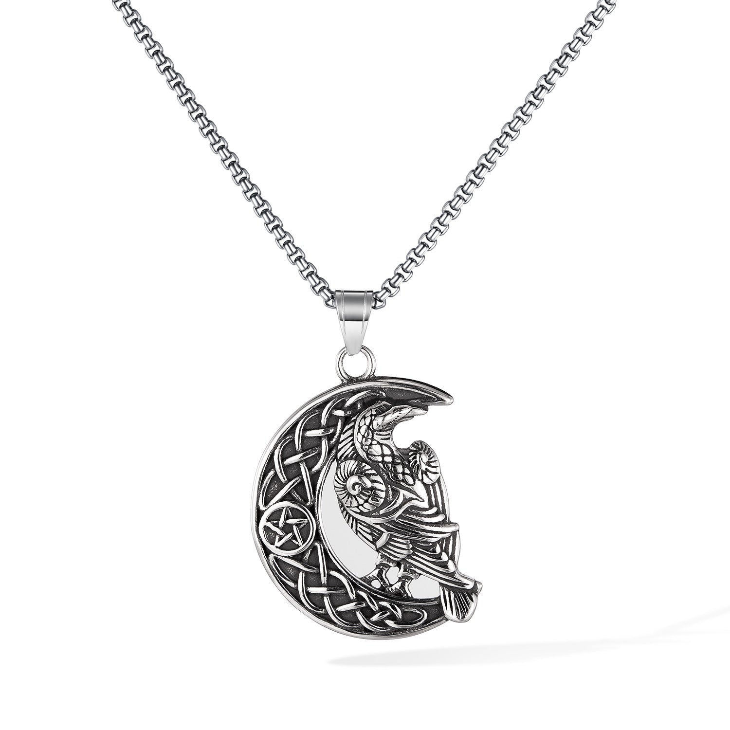 Celtic Crow Moon Pendant Necklace for Men – Titanium Stainless Steel Raven Necklace with Pentagram and Knotwork – Norse Viking Bird Amulet Jewelry-Men's Pendant Necklace-SunnyHouse Jewelry
